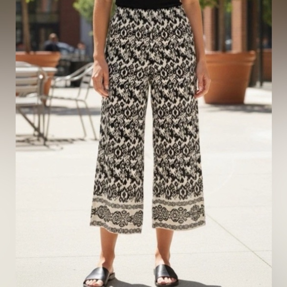 Nicole Miller NY Wide Leg Pants Size 8 Black Cream Ikat Boho Palazzo Crop‎